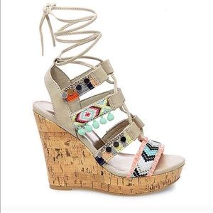 Madden Girl Cork Pom Bracelet Gray Wedges